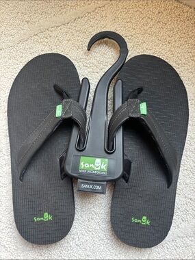 Sanuk Black Flip Flops with Green Logo Tabs